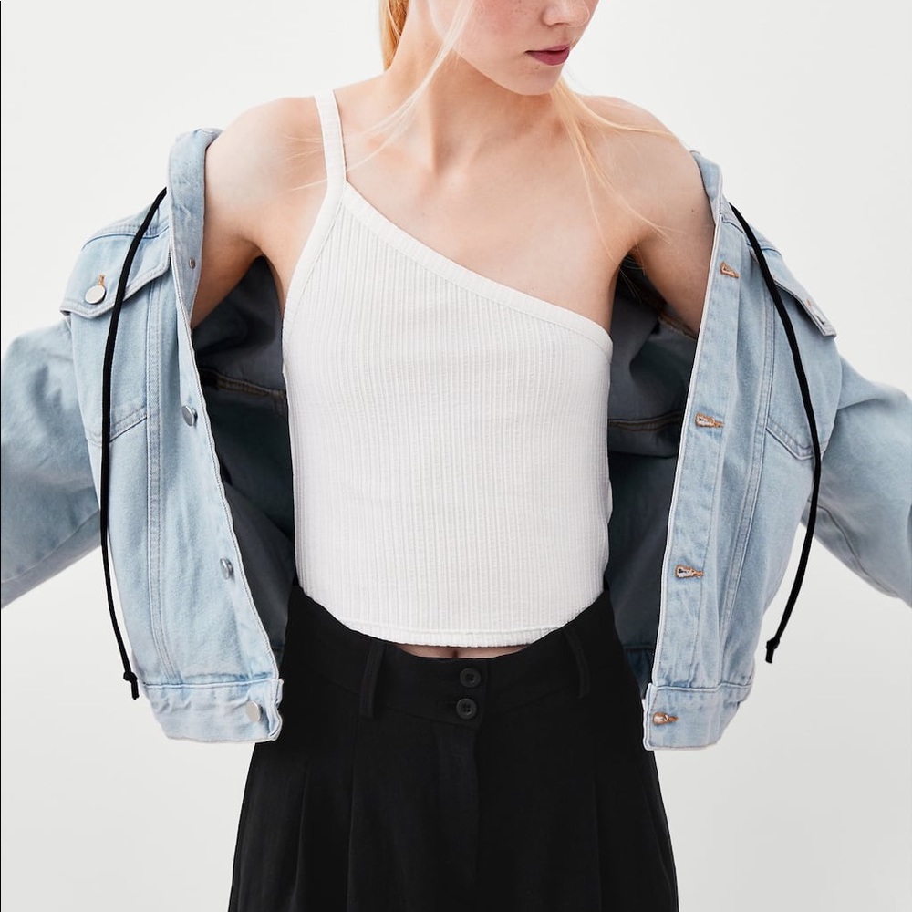 Zara white ribbed off the shoulder t-shirt - Picture 2 of 4